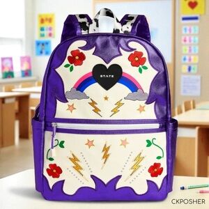 💎OOP💎 STATE Kids “Kane” Purple Metallic Cowgirl Backpack with Rainbow & Heart